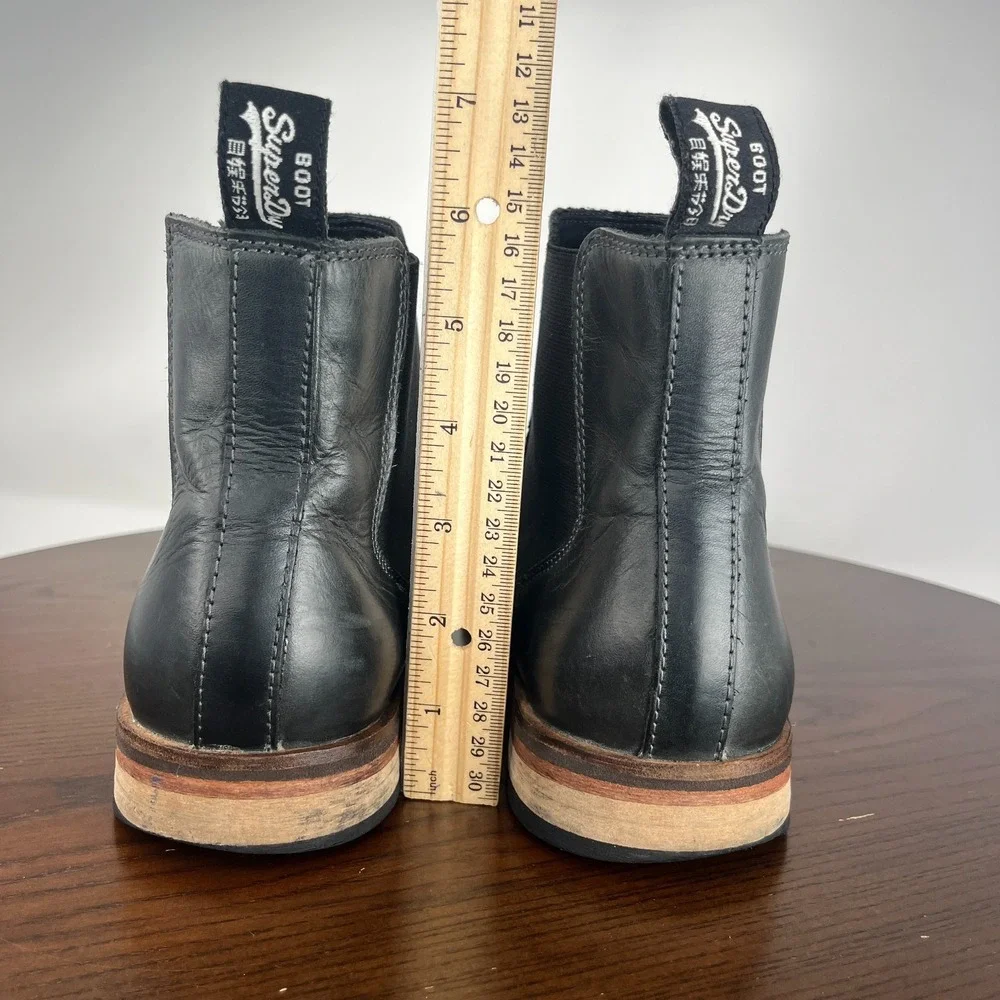 Superdry Meteor Boots Men's 8 Black Leather Chelsea Plain Toe Dress Moto Pull On